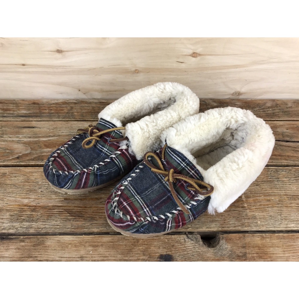 L.L. Bean Women's Wicked Good Shearling Lined Plaid Moccasin Slippers Size 6